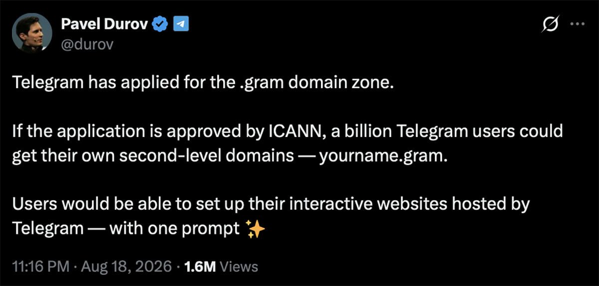 Telegram подал заявку на домен верхнего уровня .gram для пользователей